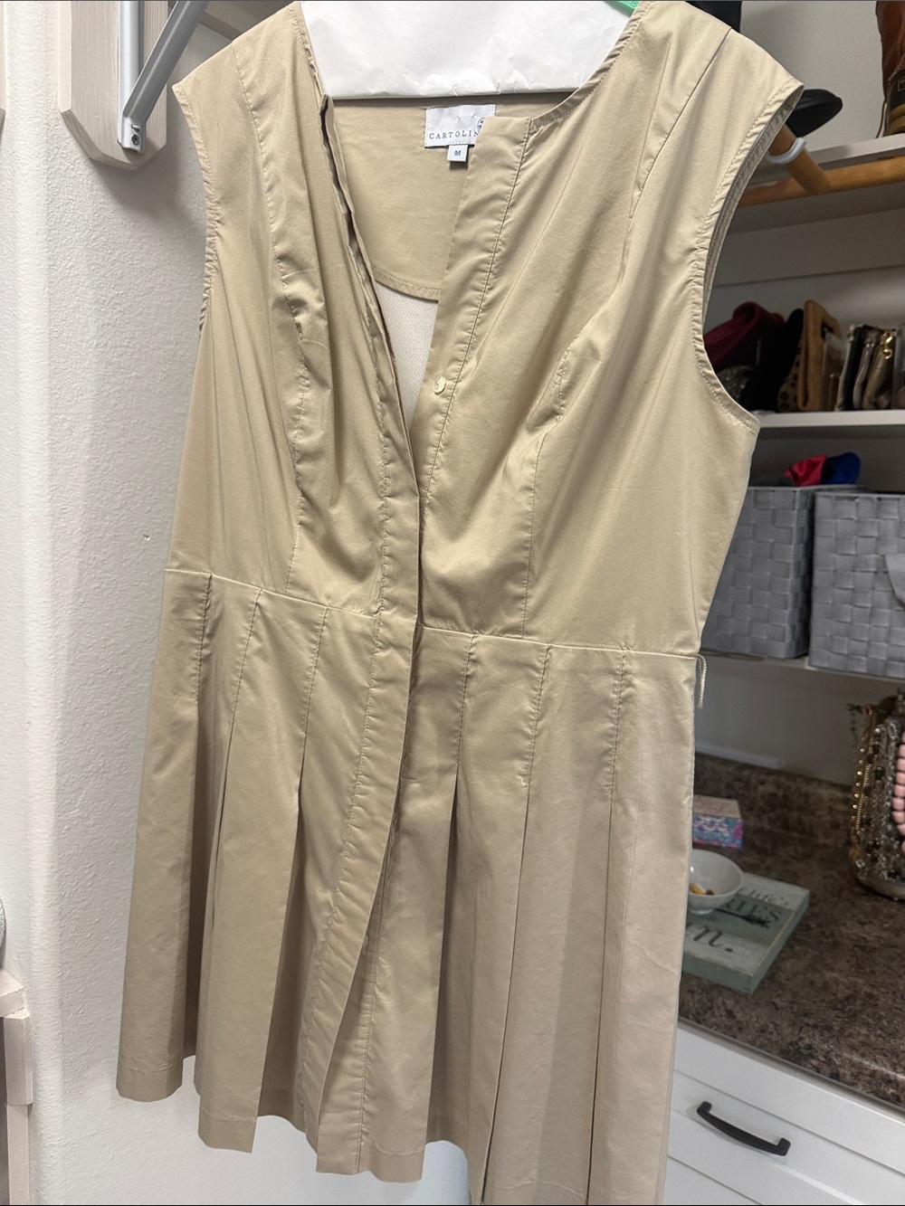 Sleeveless Pleated A-Line Dress in Beige with shorts underneath